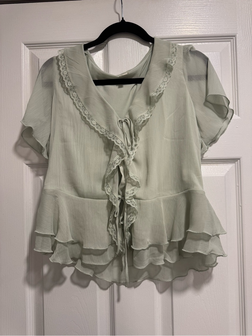 Delicate Lace-Trim Ruffle Blouse - Light Sage Green